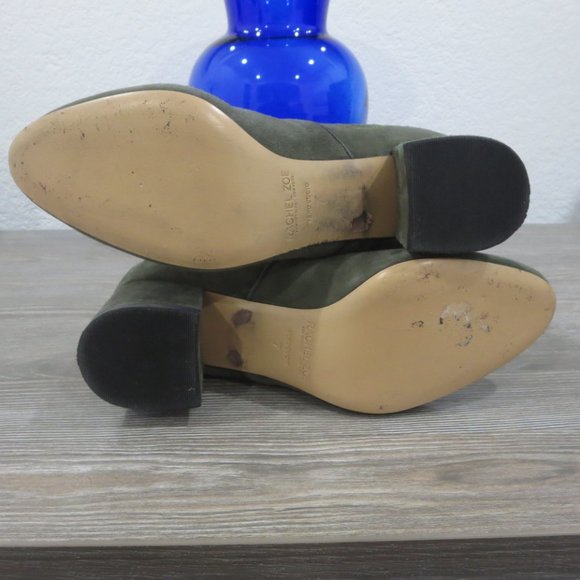 Rachel Zoe Olive Army Green Suede Embroidered Boots Block Heel 7 Boho Paisley - Picture 11 of 16
